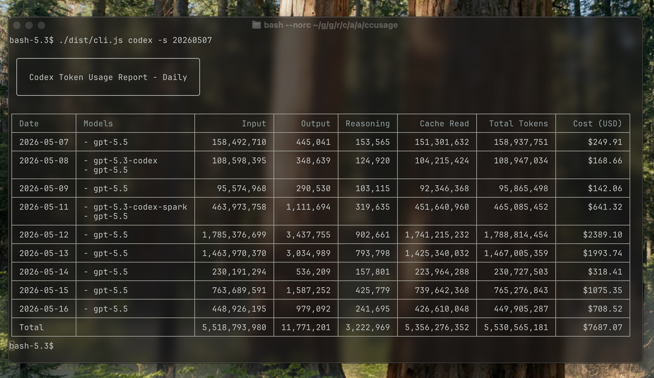 ccusage daily report focused on Codex usage